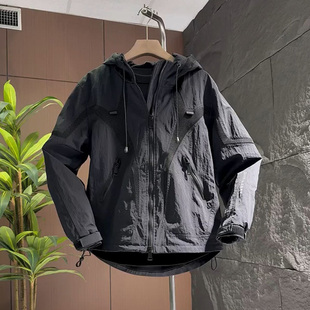 潮牌个性拼接男士连帽夹克外套时尚百搭休闲上衣潮流帅气大码男装