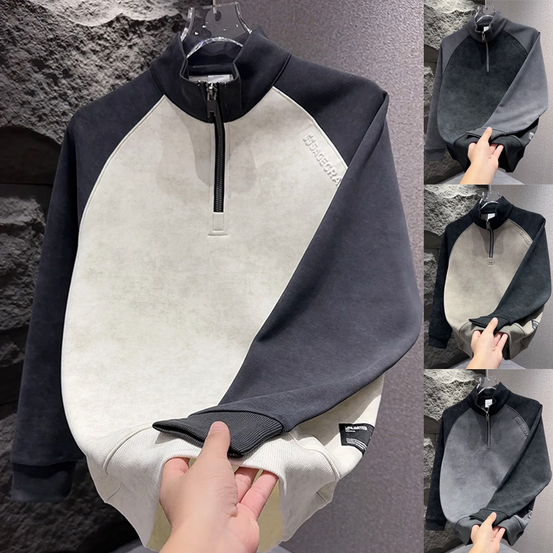 2025撞色拼接高级感重磅打底加绒体恤休闲百搭半拉链扎染帅气卫衣