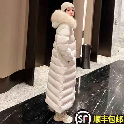 高端鹅绒服女长款过膝到脚踝2023新款白色羽绒服连帽加厚保暖外套