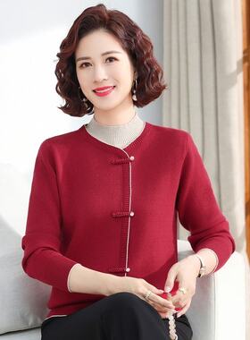 中式假两件圆领毛衣中老年女装洋气打底衫针织衫酒红色
