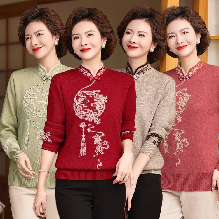 中式妈妈毛衣女秋装旗袍领刺绣花卉中老年女装保暖洋气上衣
