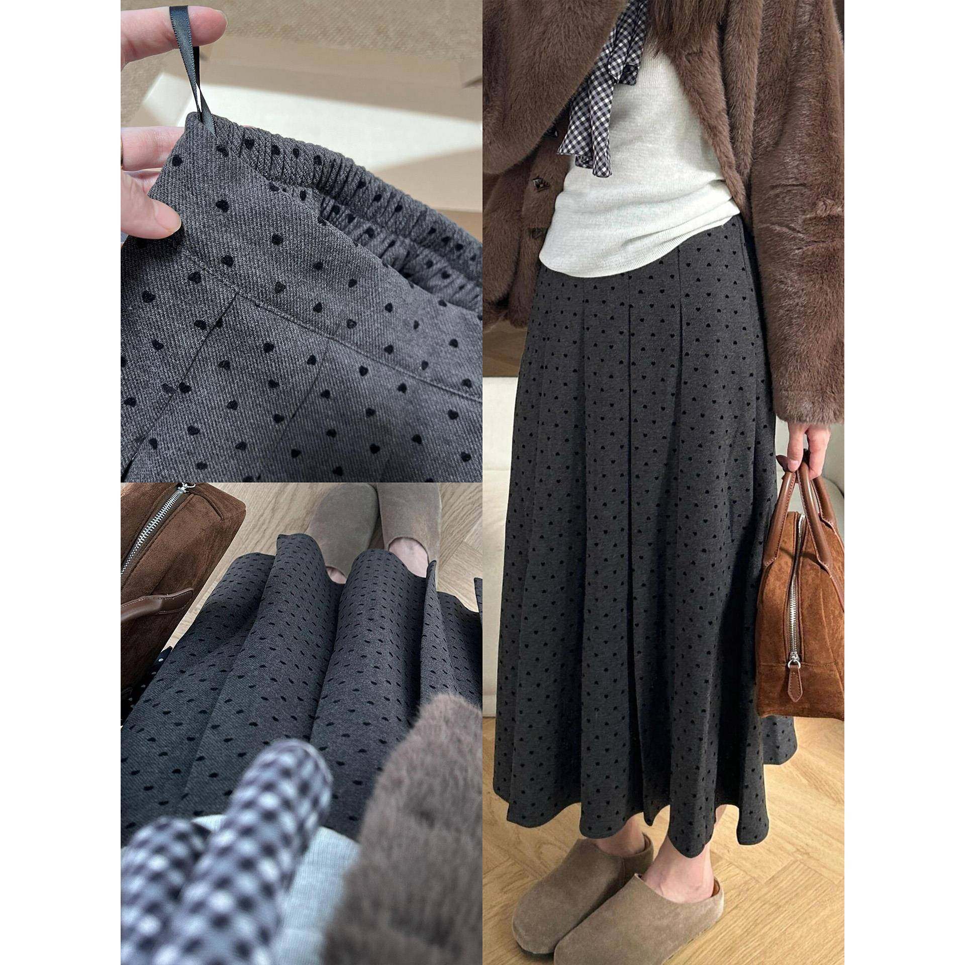 灰色毛呢波点裙女秋冬季大码胖mm遮胯显瘦百褶裙中长款a字半身裙