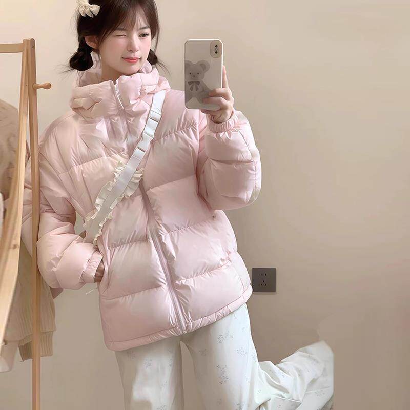2025年冬季新款粉色连帽羽绒服女短款白鸭绒甜美学院风面包服加厚