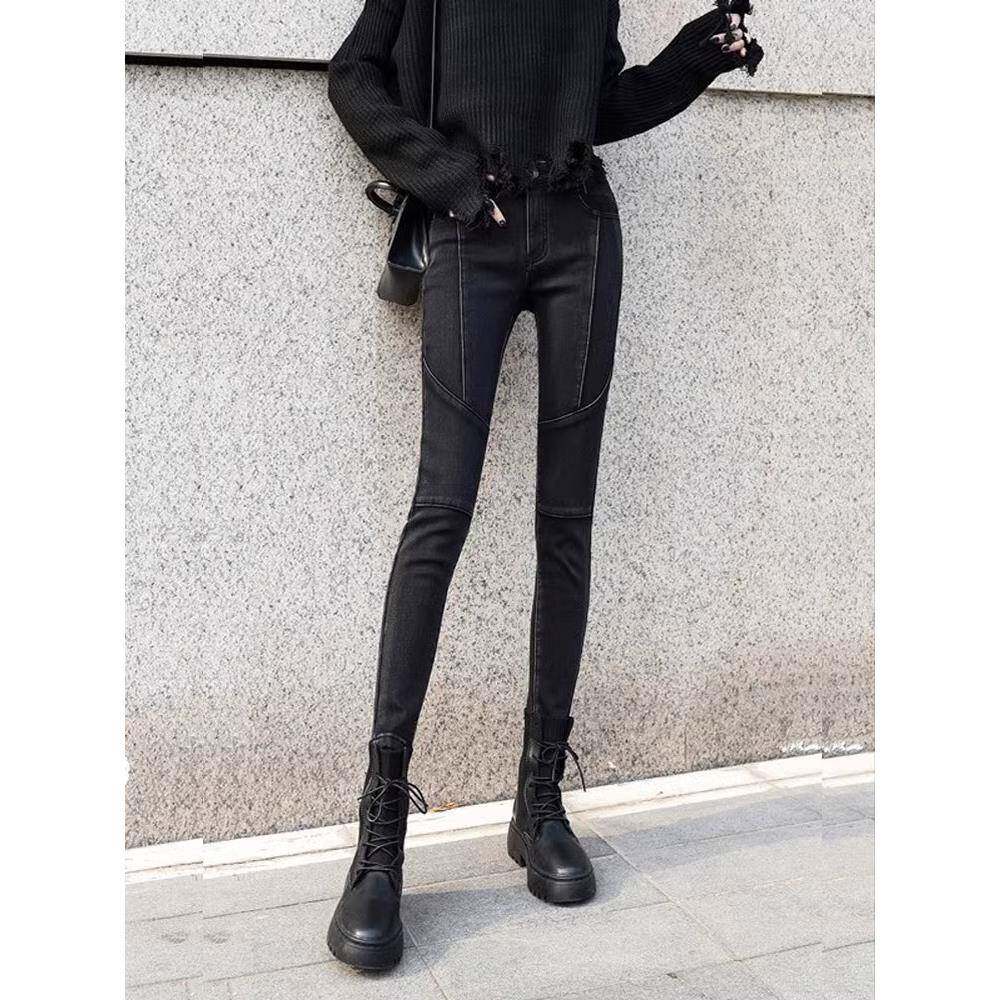高腰牛仔裤女2025年新款秋冬季拼接显瘦修身铅笔紧身小脚裤子加绒