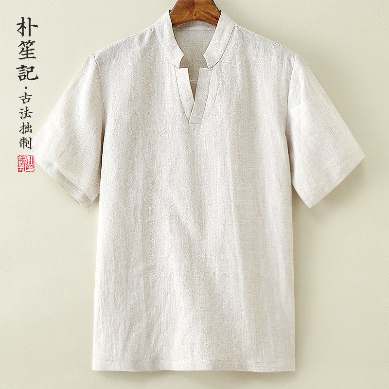 原创男士亚麻t恤短袖夏季宽松透气潮流V领薄胖子茶禅服大码男古装
