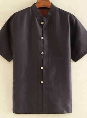 原创香云纱男短袖衬衫桑蚕丝中老年立领真丝衬衣宽松加大码爸爸装