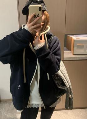 Mordem 素颜穿搭 撞色白边复合澳粒绒保暖拉链连帽卫衣女外套宽松