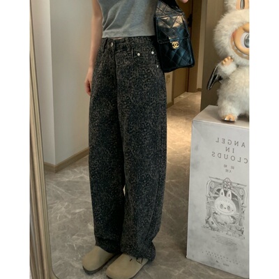 复古做旧豹纹牛仔裤女