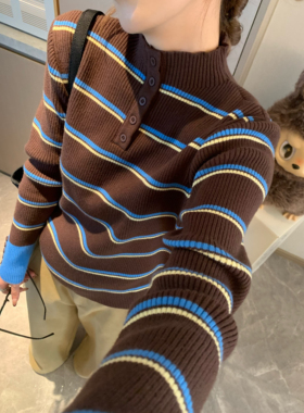 Morden 条纹撞色针织衫女2025秋冬新款miu系修身显瘦半高领上衣