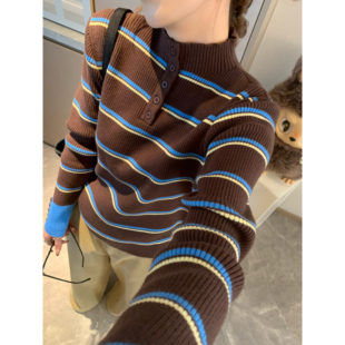 Morden 条纹撞色针织衫女2025秋冬新款miu系修身显瘦半高领上衣