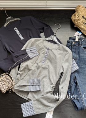 亏清！小众设计假两件长袖T恤女格子拼接显瘦上衣打底衫