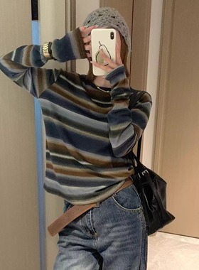 Morden 韩系条纹渐变长袖T恤女2025秋冬新款慵懒风套头打底衫