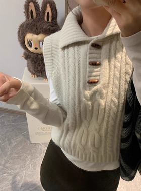 Morden 韩系复古木质牛角扣翻领毛衣马甲女叠穿上衣毛衣坎肩