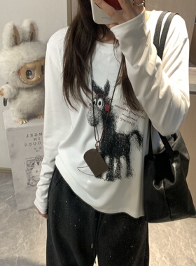 Morden 26早春小众设计感涂鸦小马白T恤 通勤日常宽松长袖上衣女