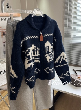 亏清！冰岛图案复古翻领提花毛衣外套女秋冬宽松慵懒拉链羊毛衫