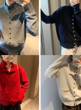 亏清！ 极简高级单排扣羊毛衫女红长袖开衫保暖亲肤毛衣外套秋冬
