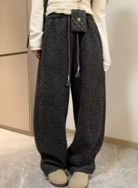Morden 复古KT猫豹纹印花冬季两穿加绒卫裤女高腰宽松拖地直筒
