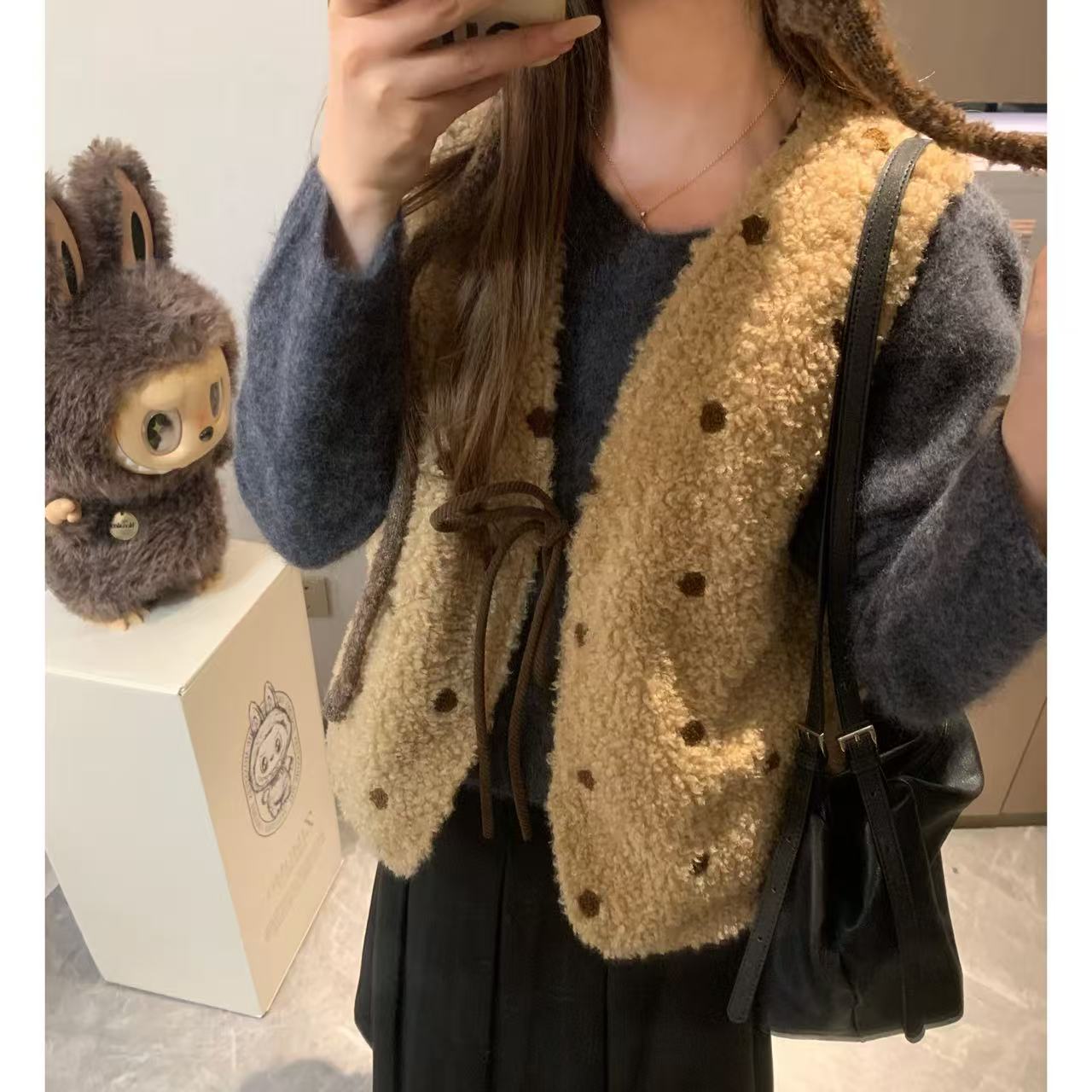 两面穿~美拉德波点复古灯芯绒羊羔毛马甲女甜美无袖坎肩上衣