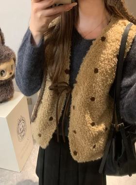 Morden 两面穿 美拉德波点复古灯芯绒羊羔毛马甲女无袖坎肩上衣