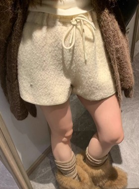 Morden 高级感羊毛双层绒面抽绳短裤2025秋冬新款韩系女时髦穿搭
