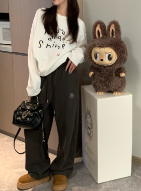 Morden 韩系拼接直筒加绒裤女弯刀裤型显瘦洋气百搭卫裤-裤脚可收