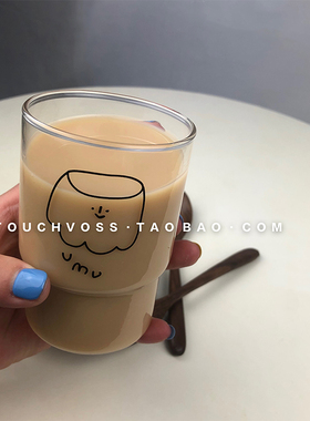 韩网款ins拿铁杯简餐咖啡厅双节布丁透明玻璃水杯抹茶饮品牛奶杯
