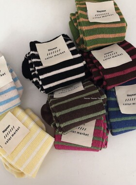 2019秋冬新款韩国ins拼色撞色横条纹堆堆袜棉质女士中筒袜子