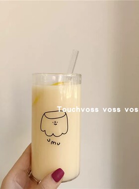 韩国ins小众简约可爱卡通布丁图案创意玻璃杯水杯牛奶杯早餐杯子