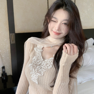 ByYou 新款卡其色柔纱围巾蕾丝马海毛针织衫上衣女秋修身内搭毛衣