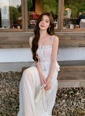 ByYou 夏季薄款白色蕾丝无袖棉麻吊带上衣女露肩收腰显瘦背心小衫