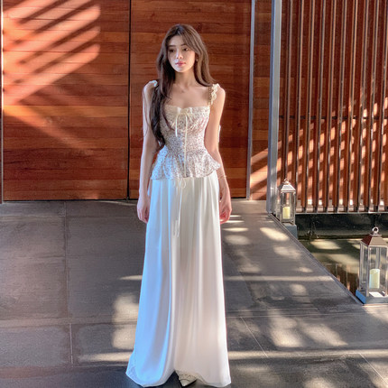 ByYou 夏季薄款冰丝垂感白色天丝西装阔腿裤女高腰宽松拖地休闲裤