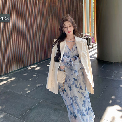 ByYou 春季气质网纱口袋白色收腰西装外套女设计感小个子休闲西服