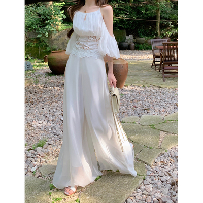 ByYou 2026新款慵懒风白色雪纺阔腿裤女垂坠感高腰裙裤拖地休闲裤