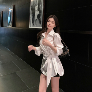 ByYou 秋季新款长袖白色缎面衬衫上衣女中长款高级感绑带收腰衬衣