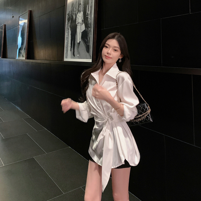 ByYou 秋季新款长袖白色缎面衬衫上衣女中长款高级感绑带收腰衬衣