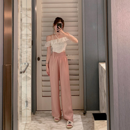 ByYou 夏季新款粉色高腰阔腿裤女薄款宽松显瘦透气直筒休闲裤长裤