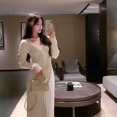 ByYou 冬季新款兔绒白色针织连衣裙中长款内搭修身过膝包臀毛衣裙