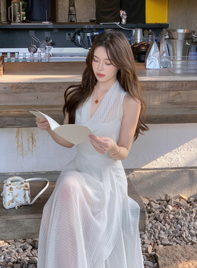 ByYou 夏季荡领白色条纹雪纺连衣裙两件套收腰薄款无袖露肩长款裙