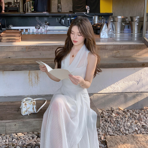 ByYou 夏季荡领白色条纹雪纺连衣裙两件套收腰薄款无袖露肩长款裙