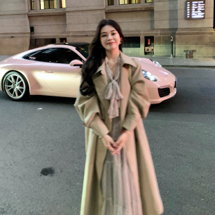 ByYou 新款 英伦风浅卡其色风衣外套女高级感长款 过膝气质大衣 冬季