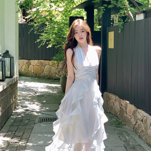 ByYou夏季白色格子碎花无袖挂脖雪纺连衣裙收腰a字荷叶边仙女长裙