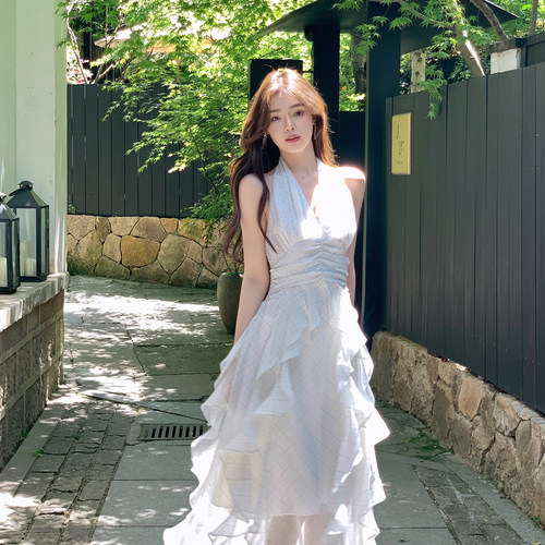 ByYou夏季白色格子碎花无袖挂脖雪纺连衣裙收腰a字荷叶边仙女长裙