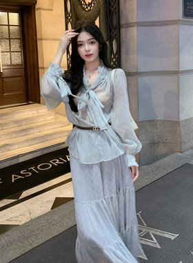 ByYou 新款灯笼袖蓝色格子雪纺衬衫套装女高腰印花半身长裙两件套