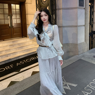 套装 ByYou 蓝色格子雪纺衬衫 灯笼袖 女高腰印花半身长裙两件套 新款