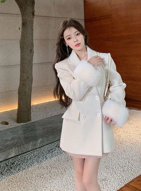 ByYou 冬季白色羊毛小香西装毛呢外套女加厚羽绒内胆收腰呢子大衣