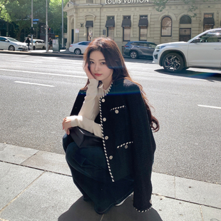 ByYou 冬季羽绒内胆黑色羊毛粗花呢毛呢外套女短款赫本风呢子大衣