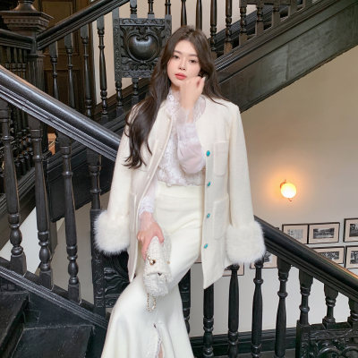 ByYou 冬季蕾丝侧开叉加绒加厚白色针织半身裙长款高腰包臀鱼尾裙