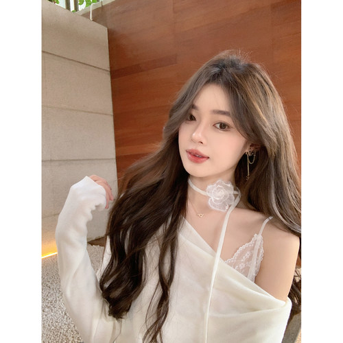 ByYou 薄款长袖露肩羊毛针织衫上衣套装女白色蕾丝吊带背心两件套