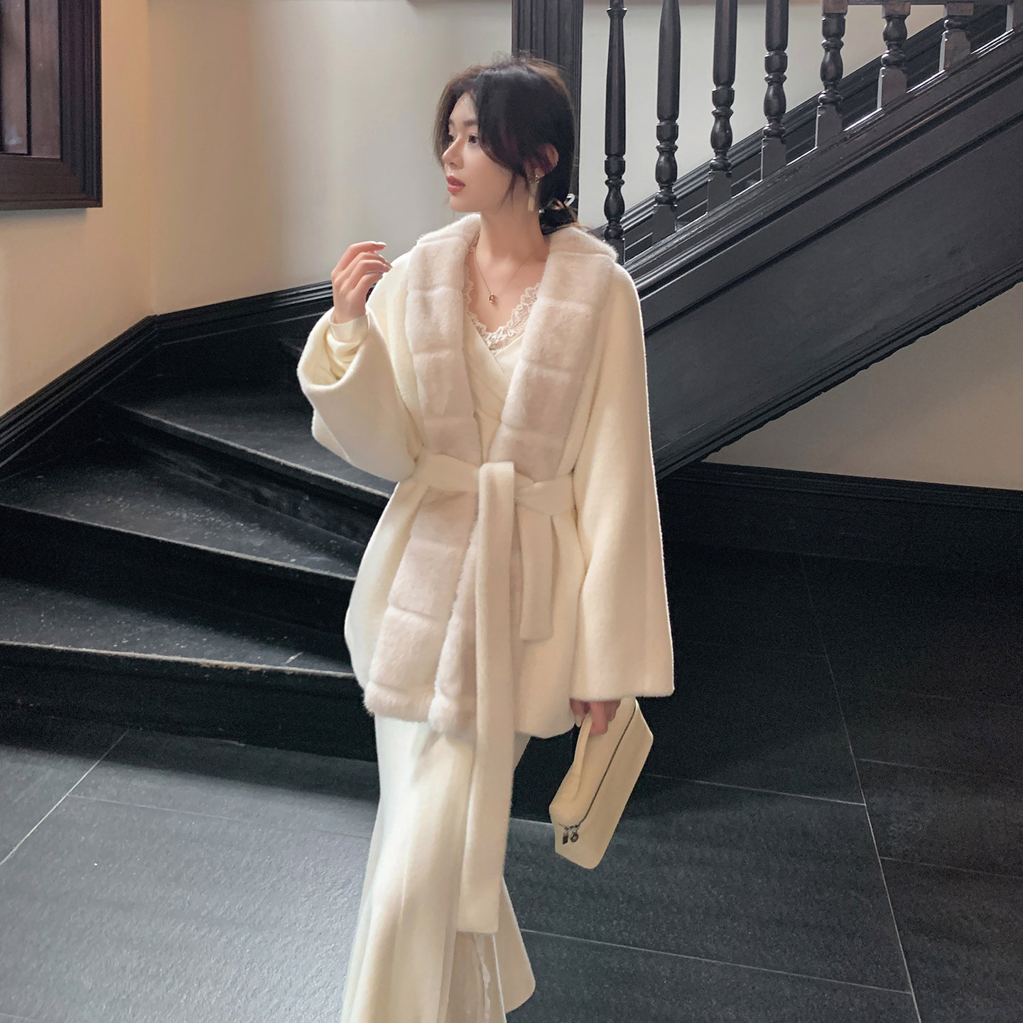 ByYou 冬季新款白色仿貂绒环保皮草外套女中长款加厚收腰毛领大衣