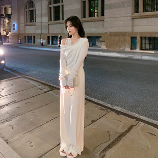 冬季 高腰休闲裤 新款 女宽松垂感直筒裤 小亮片白色针织阔腿裤 ByYou